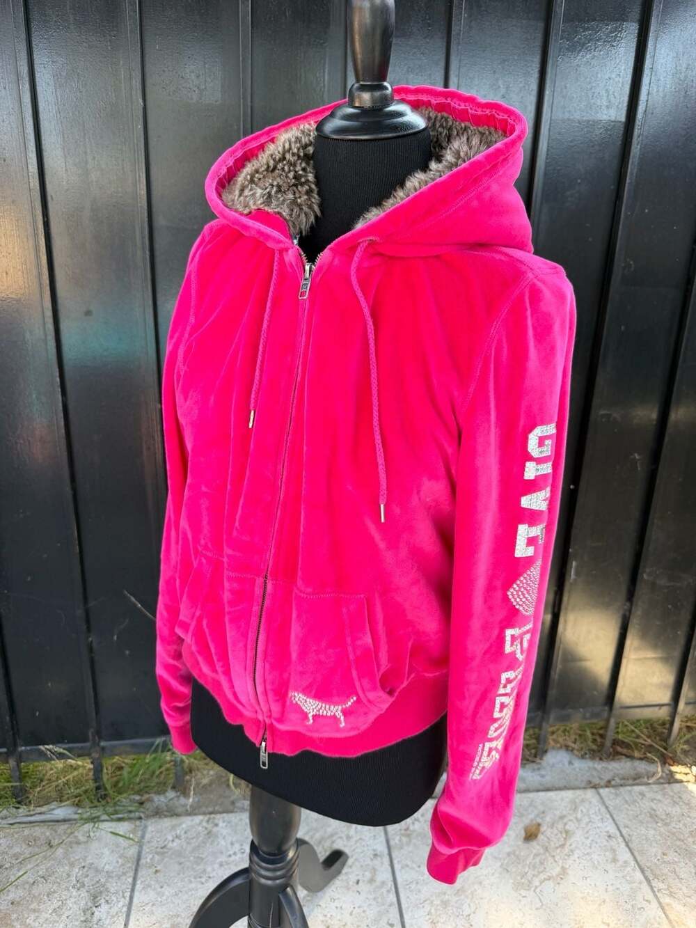 Y2K Victoria's Secret PINK Hot Pink Velour Hoodie with Faux Fur Lining